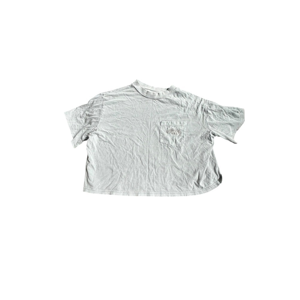Stussy Designs Light Blue Gray Pocket T Shirt Women Oversized Boxy Fit - Picture 1 of 7